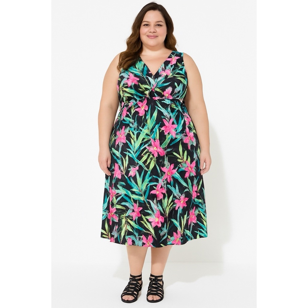 Catherines Plus Floral Paradise Twist-Knot Fit &‎ Flare Dress 4X 30/32 Tropical